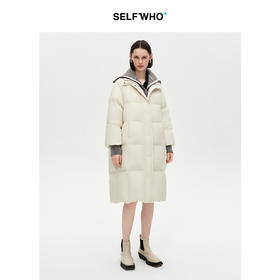 SELFWHO90白鸭绒假两件毛织拼接翻领羽绒服女2025冬新款长款外套