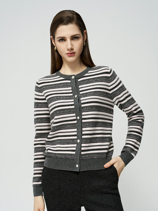 【条纹撞色羊绒开衫】羊绒世家秋冬新品女士100%山羊绒开衫圆领条纹针织开衫 商品图0