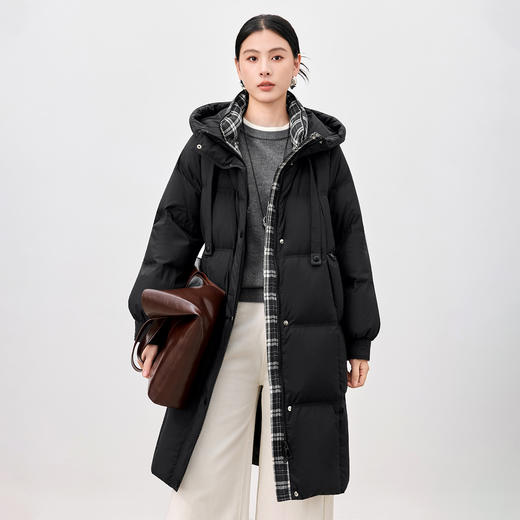 QS复古格子拼接黑色羽绒服女冬季新款韩版加厚中长款95鸭绒外套5113 商品图1