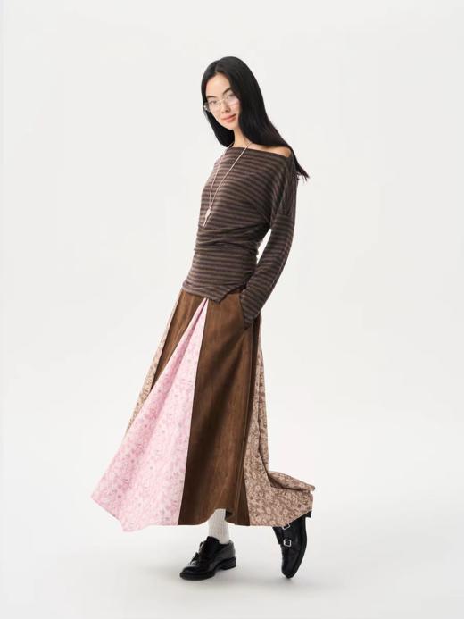 heris/H54113/摩卡条纹磨毛针织 一字肩斜肩多穿 调节开衩修身长袖t 商品图4