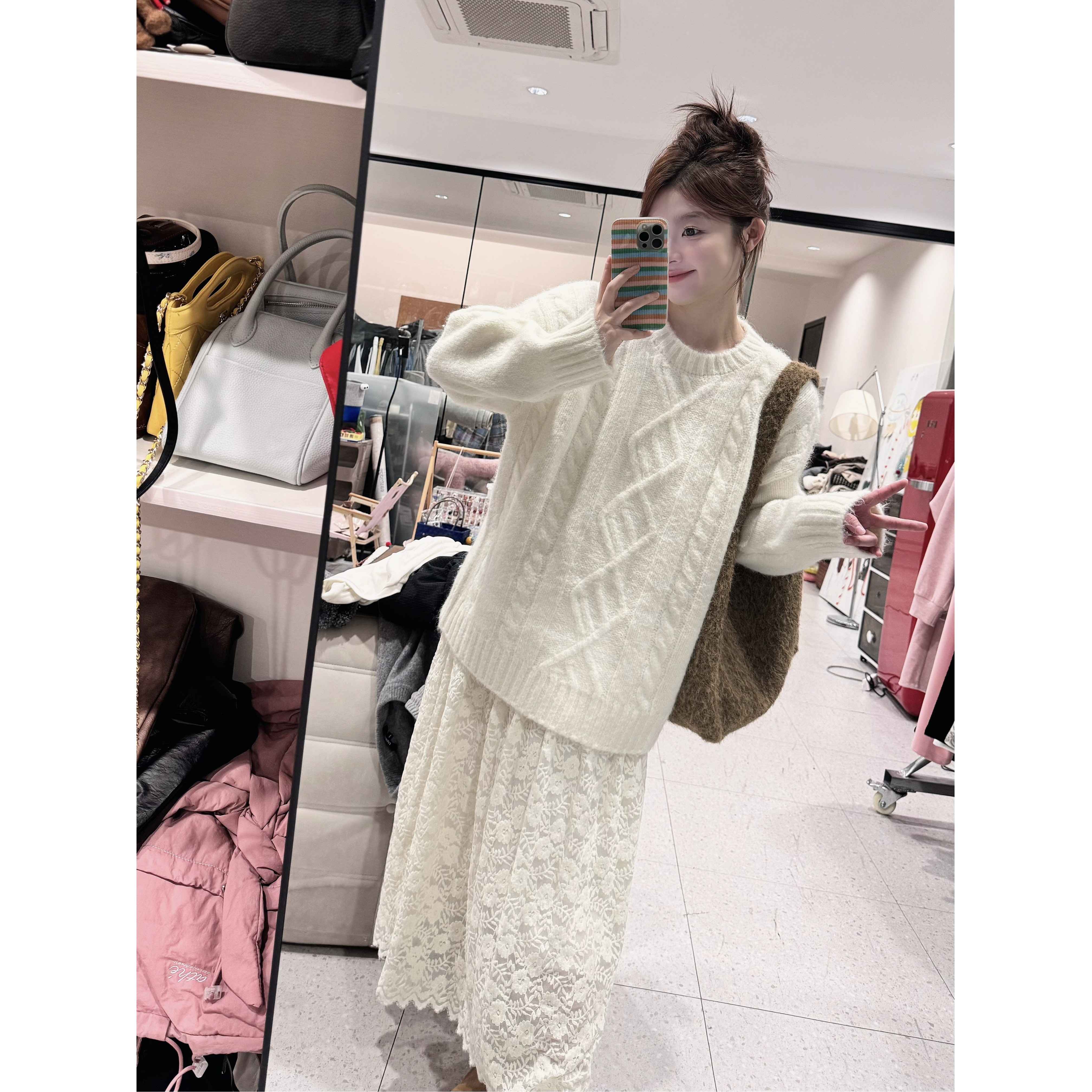 25AW上新 蕾蕾同款【浮云织梦！】法式麻花纹针织毛衣拼接蕾丝假两件连衣裙