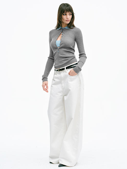 TR她热 海盐甜心 灰蓝撞色桑蚕丝羊毛假两件复古修身娃娃领打底衫 商品图1