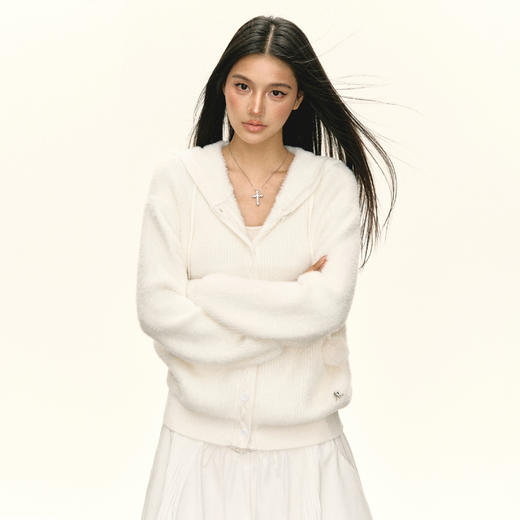 Ariseism 美式复古白色连帽针织开衫毛衣女秋冬新款上衣 商品图2