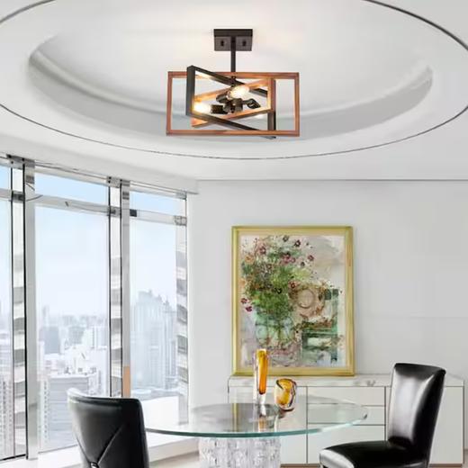 美国 美式复古吸顶灯 铁艺几何客厅灯 黑色仿木纹 3灯头（不含灯泡） 商品图2