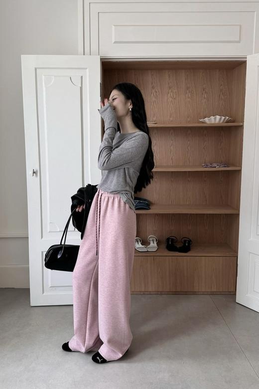 HAYES 薄绒粉色彩色抽绳宽松阔腿休闲长裤 21614 商品图1