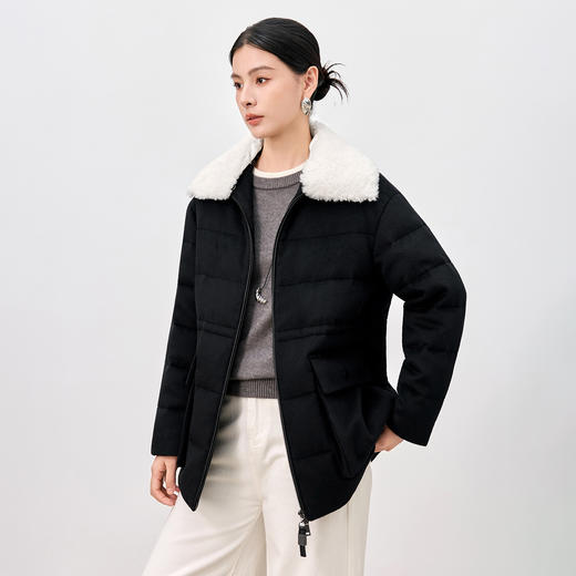 QS翻领毛领鹅绒服女25冬季新款简约日常保暖纯色设计感羊毛外套8516 商品图0