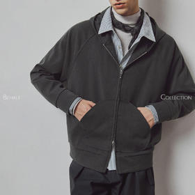 714street高端线BEHALF 弧型口袋 层次抽皱 绒面极简开衫连帽卫衣