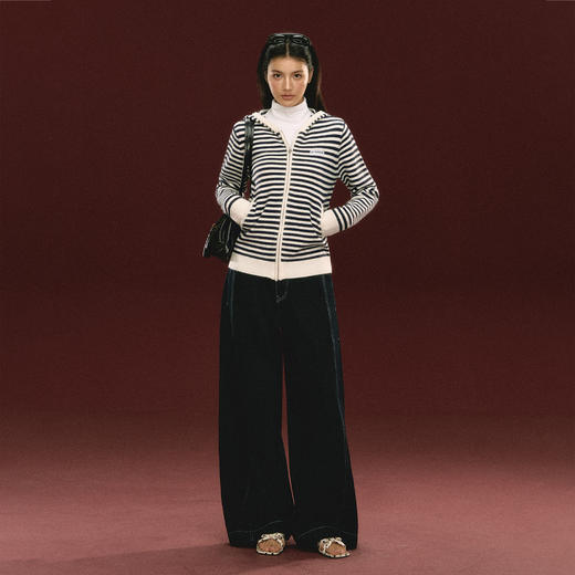 Ariseism 美式复古条纹拉链针织开衫毛衣女秋冬新款上衣 商品图3