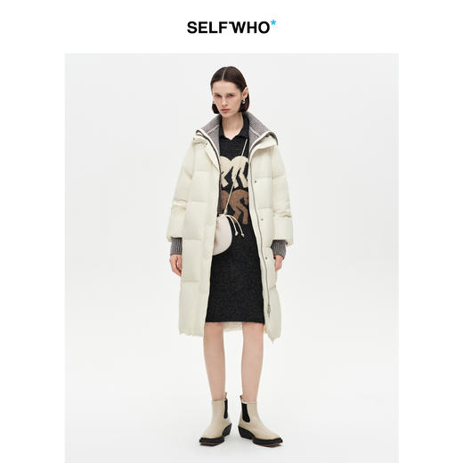 SELFWHO90白鸭绒假两件毛织拼接翻领羽绒服女2025冬新款长款外套 商品图1