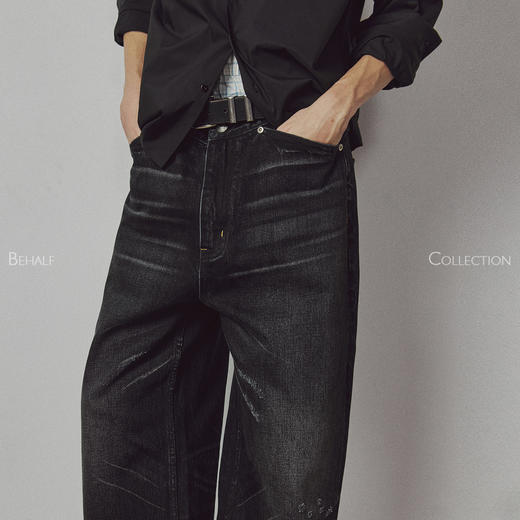 714street高端线 BEHALF 粗斜 靛蓝烟黑 破坏侧骨水洗直筒牛长裤 商品图2