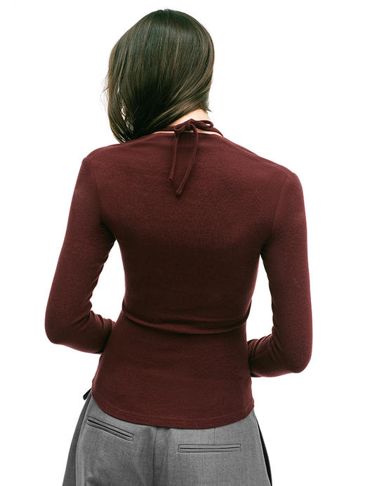 TR她热 自在呼吸 BraFree 酒红色拼接条纹袖套修身显瘦带胸垫百搭挂脖打底衫上衣 商品图4