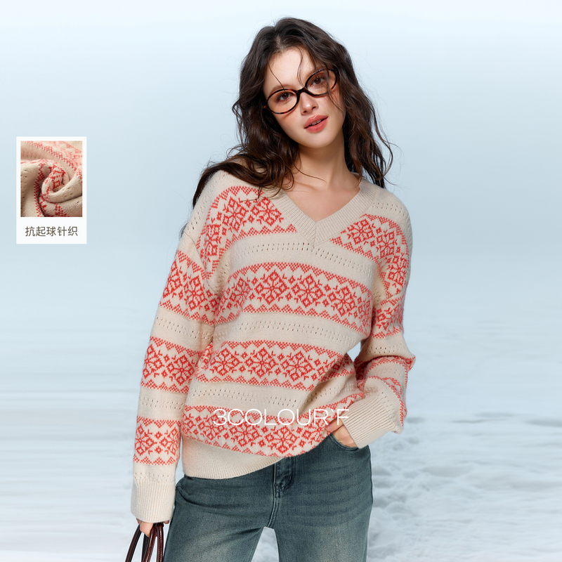 【抗起球】三彩独醒2025冬季新款V领提花针织衫长袖套头衫宽松F