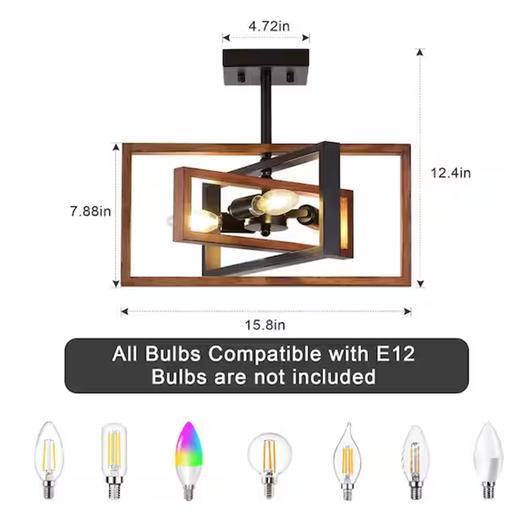 美国 美式复古吸顶灯 铁艺几何客厅灯 黑色仿木纹 3灯头（不含灯泡） 商品图7