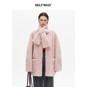 SELFWHO绵羊毛混纺皮毛一体外套女2025冬新款宽松中长款围巾皮草