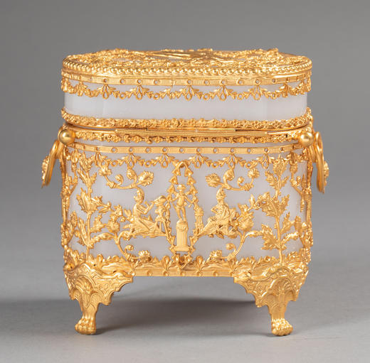 独角鹿西洋古董19世纪法国出品古典女子与竖琴藤叶主题铜鎏金精雕装饰乳色欧泊水晶珍宝盒 商品图3