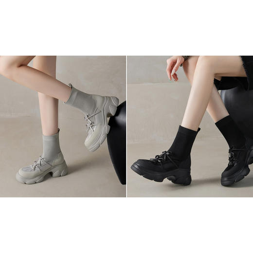 【厚底针织弹力靴】 甜辣系带机能风蝴蝶结小靴子正品7CM-CC 商品图0