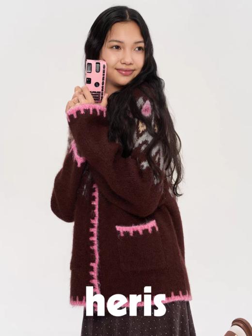 heris/H53106/郁金香费尔岛提花 翻领撞色开衫毛衣外套 商品图1