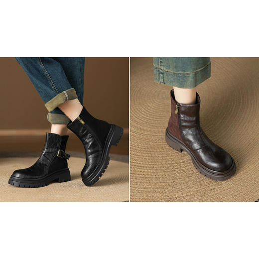 【小众厚底复古拼接短靴】 皮带扣新款秋冬棕色时装靴5CM-CC 商品图0