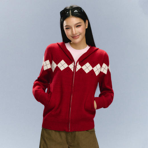 Ariseism 美式复古红色连帽针织开衫毛衣女秋冬新款上衣 商品图1