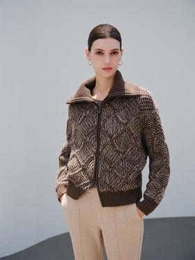 【绞花翻领开衫】羊绒世家秋冬新品女士羊绒混色开衫双拉链针织外套