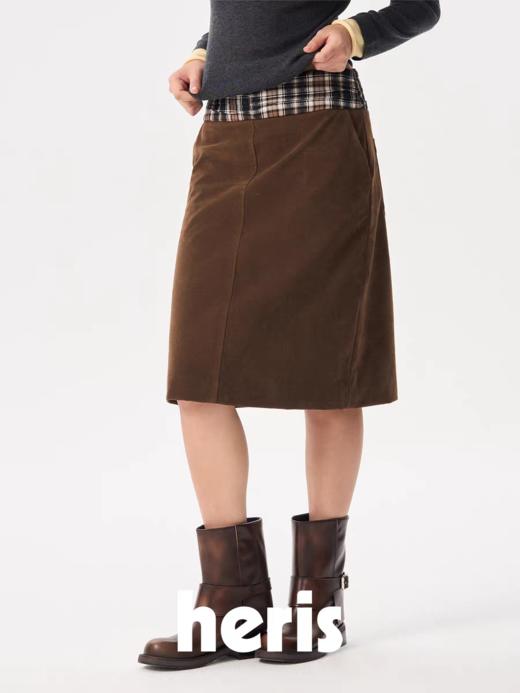 heris/H54109/抽皱格纹拼接麂皮低腰直筒显瘦百搭半裙 商品图0