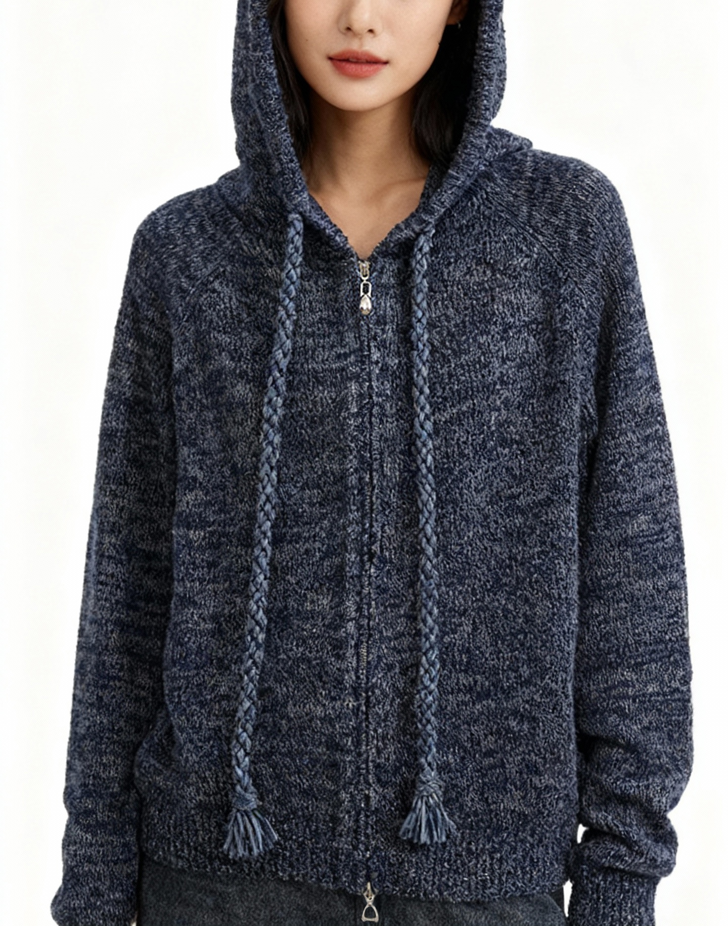 绵羊毛花纱连帽针织双头拉链运动开衫