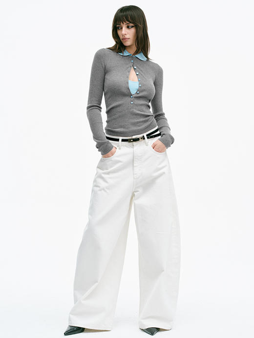 TR她热 海盐甜心 灰蓝撞色桑蚕丝羊毛假两件复古修身娃娃领打底衫 商品图3