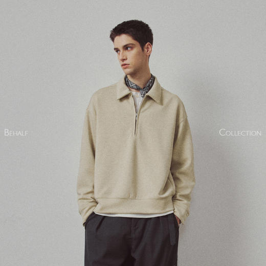 714street高端线BEHALF 兰精天丝醋酸羊毛贝壳纽扣半拉链POLO长袖 商品图0