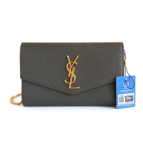 【95新】YSL圣罗兰UPTOWN607788灰色粒面牛皮信封款单肩斜挎链条包子母包女士031125AK15