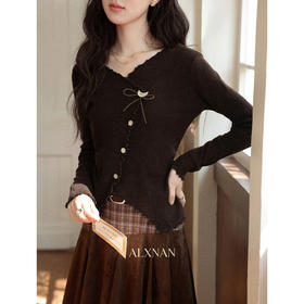 鹿向南「棕笺凝雅」咖色复古长袖开衫T恤秋季百搭显瘦法式上衣女