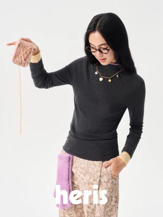 heris/H54114/拼色卷边双层领半高领修身打底衫 商品图0