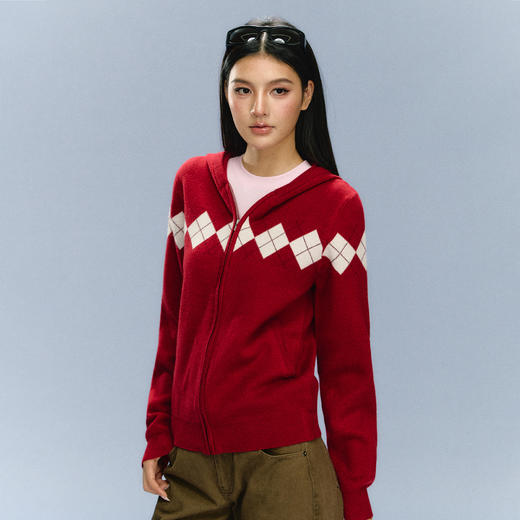 Ariseism 美式复古红色连帽针织开衫毛衣女秋冬新款上衣 商品图0