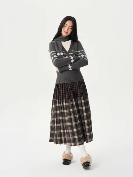heris/H54111/紫灰色学院格纹拼接 细密压褶大摆 毛呢A字百褶裙 商品图3