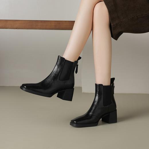 【气质高跟切尔西靴】 秋冬新款简约百搭方头真皮短靴5CM-CC 商品图3