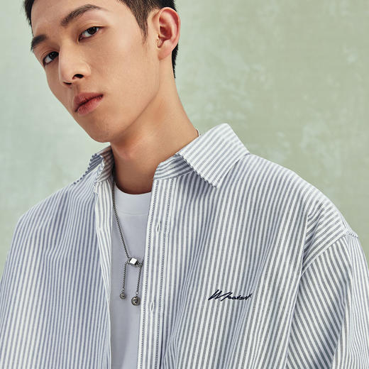 NPC潮牌纯棉休闲字母刺绣条纹衬衫男潮流宽松衬衣长袖NP41SH01 商品图3