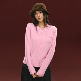 Ariseism 美式复古粉色翻领针织开衫毛衣女秋冬新款上衣