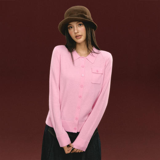 Ariseism 美式复古粉色翻领针织开衫毛衣女秋冬新款上衣 商品图0