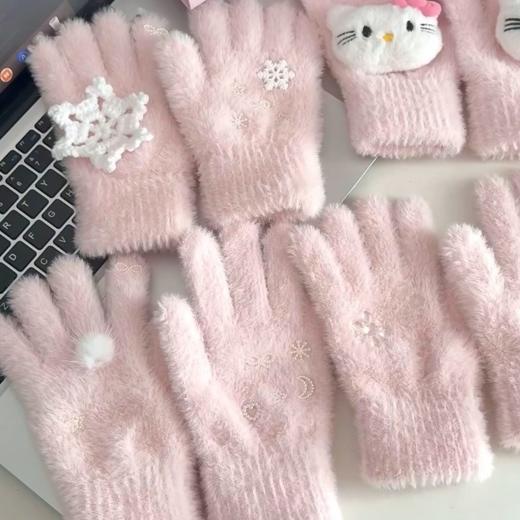【拍照神器❗️柔软亲肤舒适】秋冬初雪星星手套可爱毛绒学生分指仿貂绒保暖亲子骑行针织手套。ja 商品图1