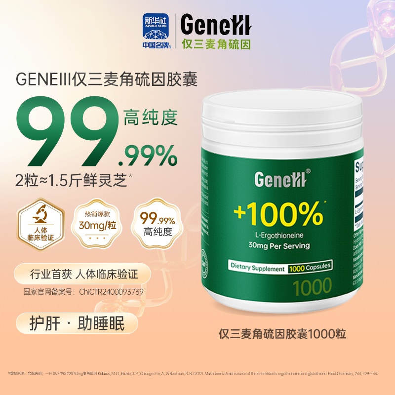 【新品上市 官方旗舰】加量升级款 GeneIII仅三生物麦角硫因胶囊30mg*1000粒
