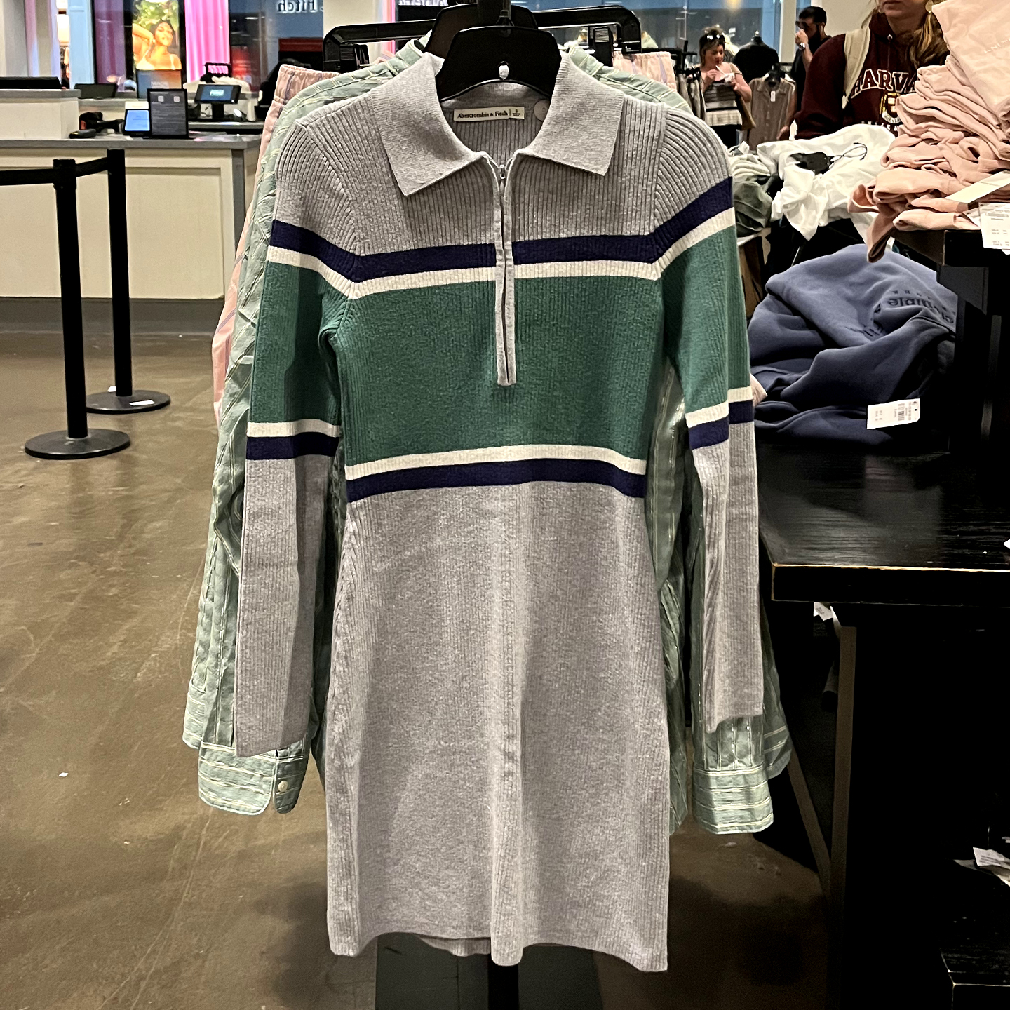 Abercrombie Fitch/AF 女春秋条纹半拉链翻领休闲长袖针织连衣裙