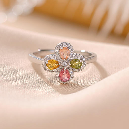 【四叶如画】S925纯银碧玺水滴四叶草开口戒指【CW-23325】 商品图1