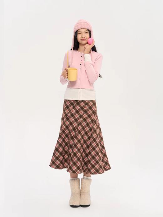 heris/H53120/羊毛混纺学院格纹 斜裁百褶 A字鱼尾伞裙 商品图2