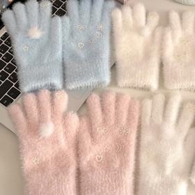 【拍照神器❗️柔软亲肤舒适】秋冬初雪星星手套可爱毛绒学生分指仿貂绒保暖亲子骑行针织手套。ja