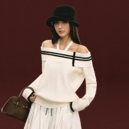 Ariseism 美式复古设计感一字肩针织衫女秋冬新款上衣套头毛衣 商品图1