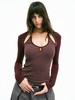 TR她热 自在呼吸 BraFree 酒红色拼接条纹袖套修身显瘦带胸垫百搭挂脖打底衫上衣 商品缩略图0