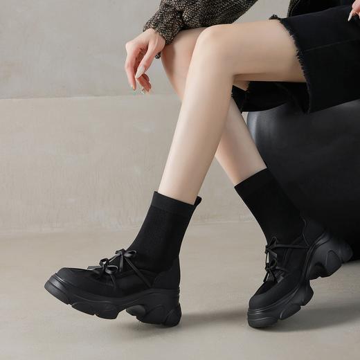 【厚底针织弹力靴】 甜辣系带机能风蝴蝶结小靴子正品7CM-CC 商品图3