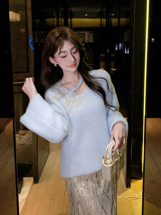 张心子【雾冬百利甜】保暖亮片水貂毛毛衣上衣 U2511068 商品图5