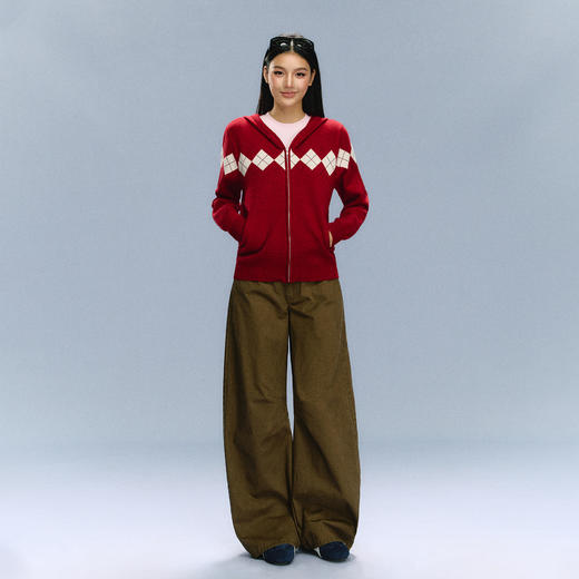 Ariseism 美式复古红色连帽针织开衫毛衣女秋冬新款上衣 商品图3
