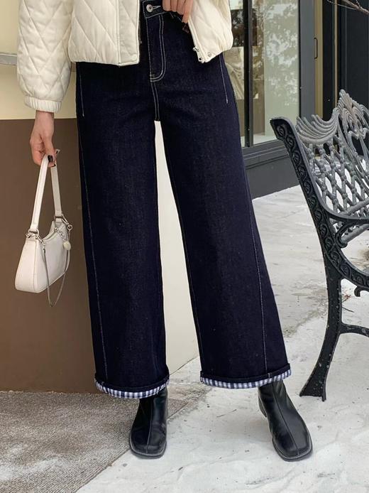 【百图lulu定制】【深蓝牛仔裤】内里磨毛 格子拼接 九分半 牛仔裤 商品图1