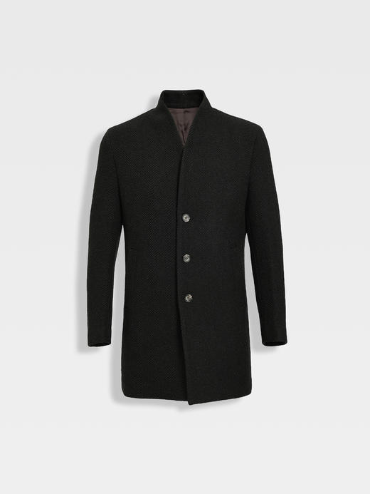 callisto深灰立体浮雕花型全羊毛编织小V立领大衣 商品图0